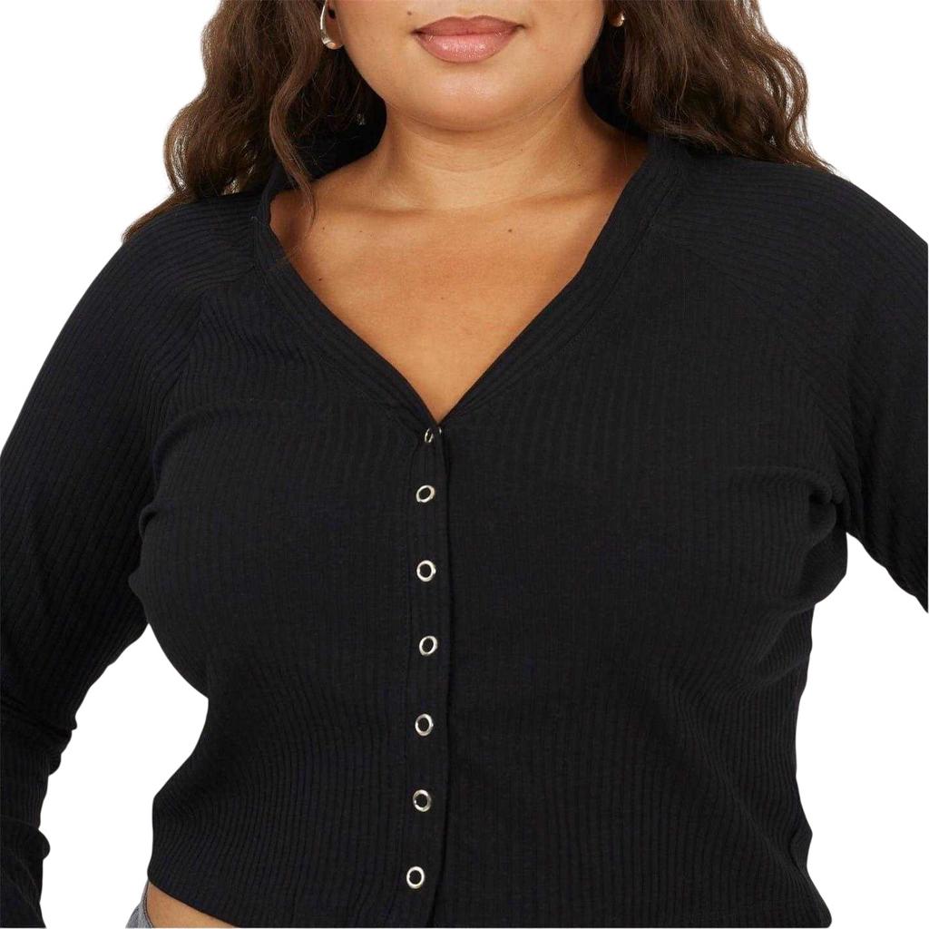 BRAVE SOUL Womens/Ladies Ribbed V Neck Plus Long-Sleeved Crop Top