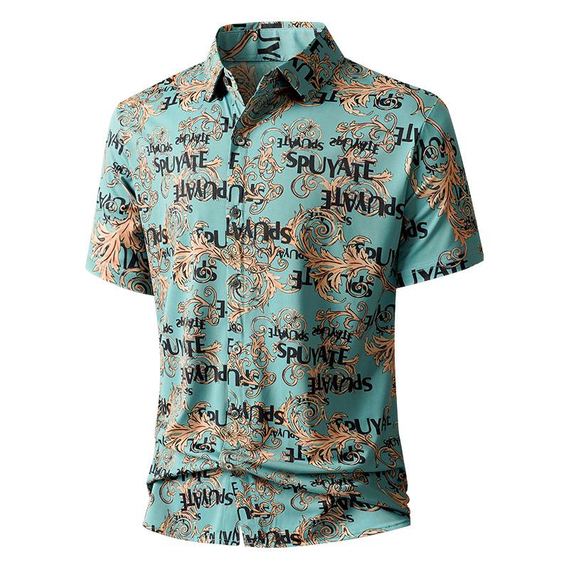 Mens Newspaper Print Cuban Collar Short Sleeve Casual Button Up Shirt S зелёный