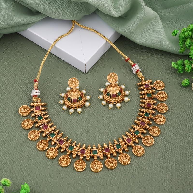 Frill Necklace Set for Women | Pearl and Gold Plated Temple Jewellery Set | Traditional