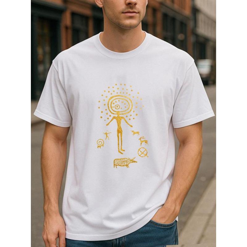 

European sizes Golden Original Mural Pattern Retro Art Style Pure Printed T-shirt, Men s Clothing, Short-sleeved Top 4XL білий