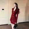 Red V-neck Slim-fit Wool Dress with Heart-shaped Buttons - Yù Jiě Style New Year Outfit
