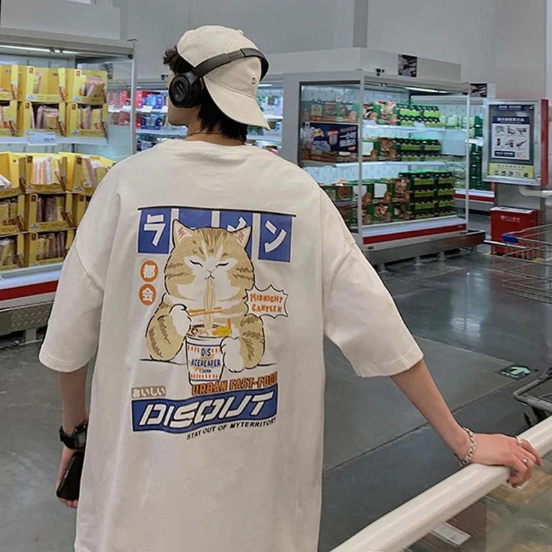 Harajuku Kedi Çizgi Film Noodle Yiyen Grafik Erkek Kadın Tişörtler Günlük Kısa Kollu Tişörtler Japon Tarzı Bol Tişört Giyim