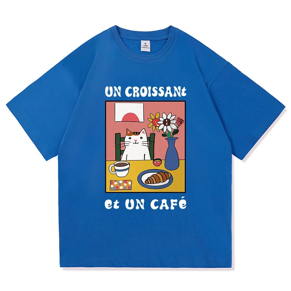 French Cafe Cat T Shirt Fashion Women Summer Funny Letter Un Croissant Et Un Cafe Tshirt High Quality Casual Cotton Tees Shirts