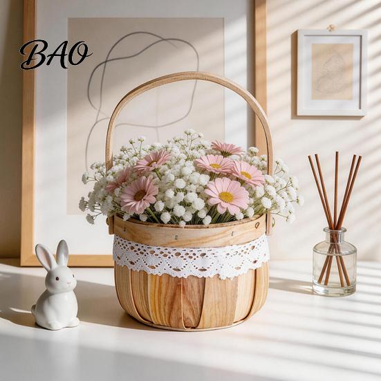 Hand-woven Flower Basket Basket, with Lace Decor, Hand-Woven Wicker Rattan Rustic Wood Portable Floral Gift Handmade