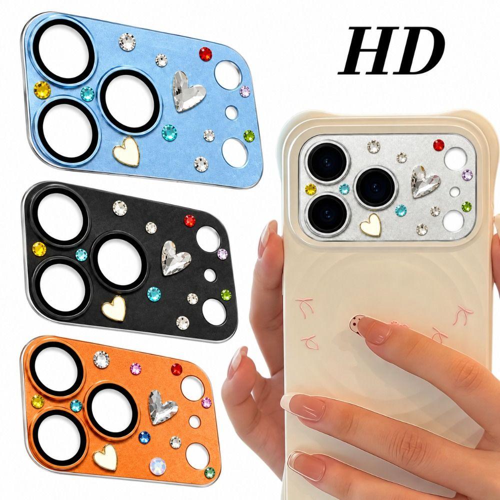 Diamond 3D Heart Glass Cell Phone Camera Protector Clear HD Anti Scratch Cell Phone Lens Film Full Cover for iPhone18 Pro Max 4