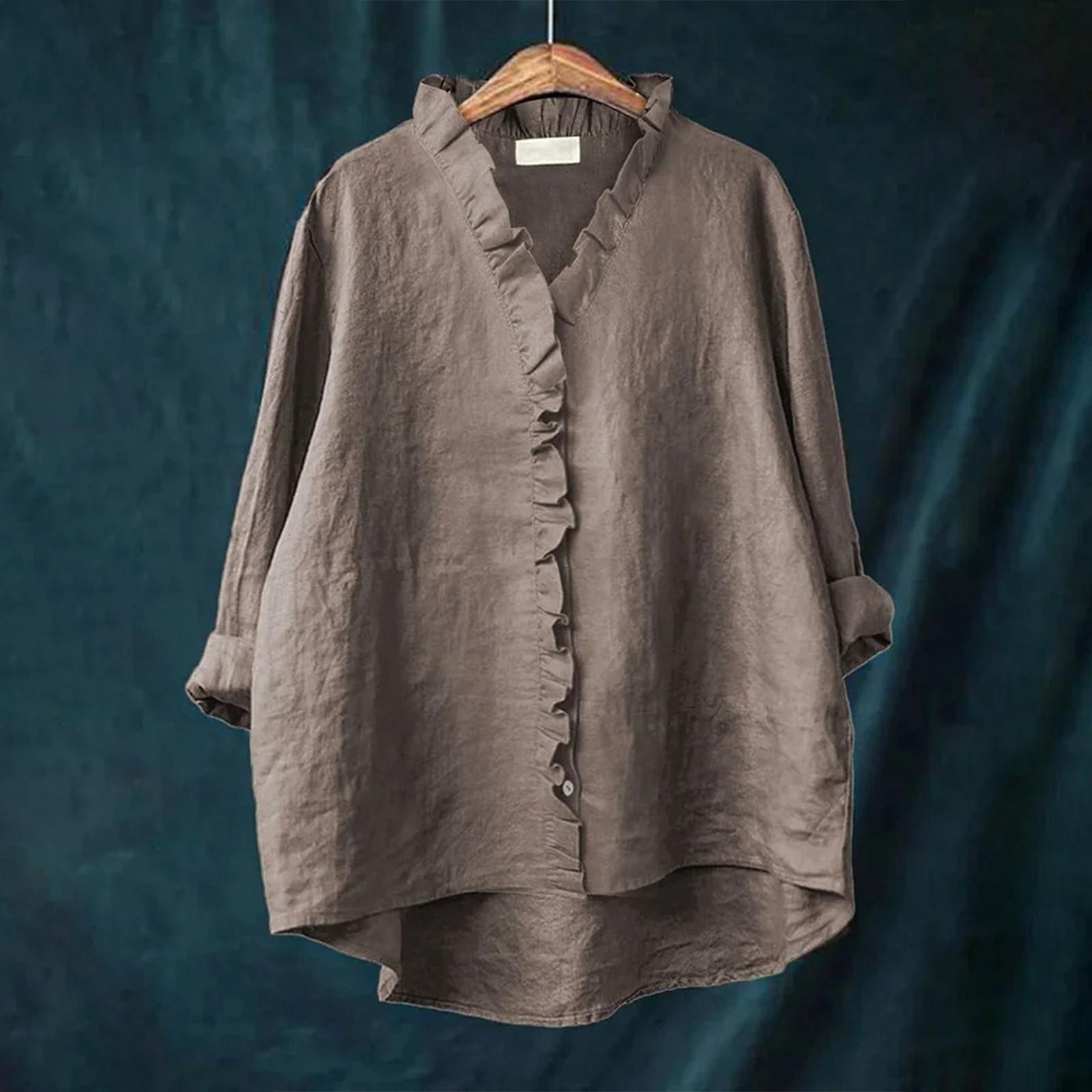 

Женский свободный топ с оборками, однотонный, со стойкой, с длинными рукавами, из хлопка и льна XXL