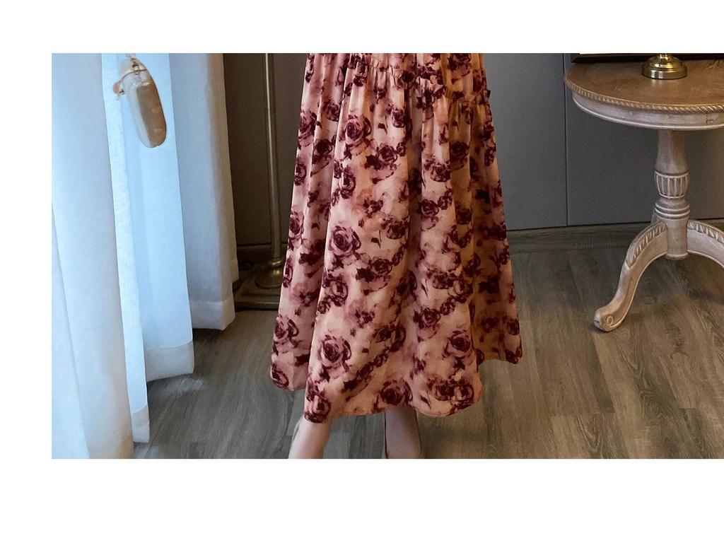 Women's Elegant French Floral Pleated Strappy Dress - Summer High Waist A-line Long Skirt
