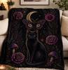 Black Cat Moon Blanket, Gothic Floral Throw Blanket Dark Academia Decor Witchy Cat Gift Celestial Moth Blanket, Cozy Plush Throw