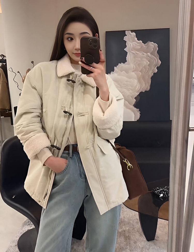 

Retro thickened lamb wool splicing cotton jacket women s 2025 winter new casual loose versatile simple coat M