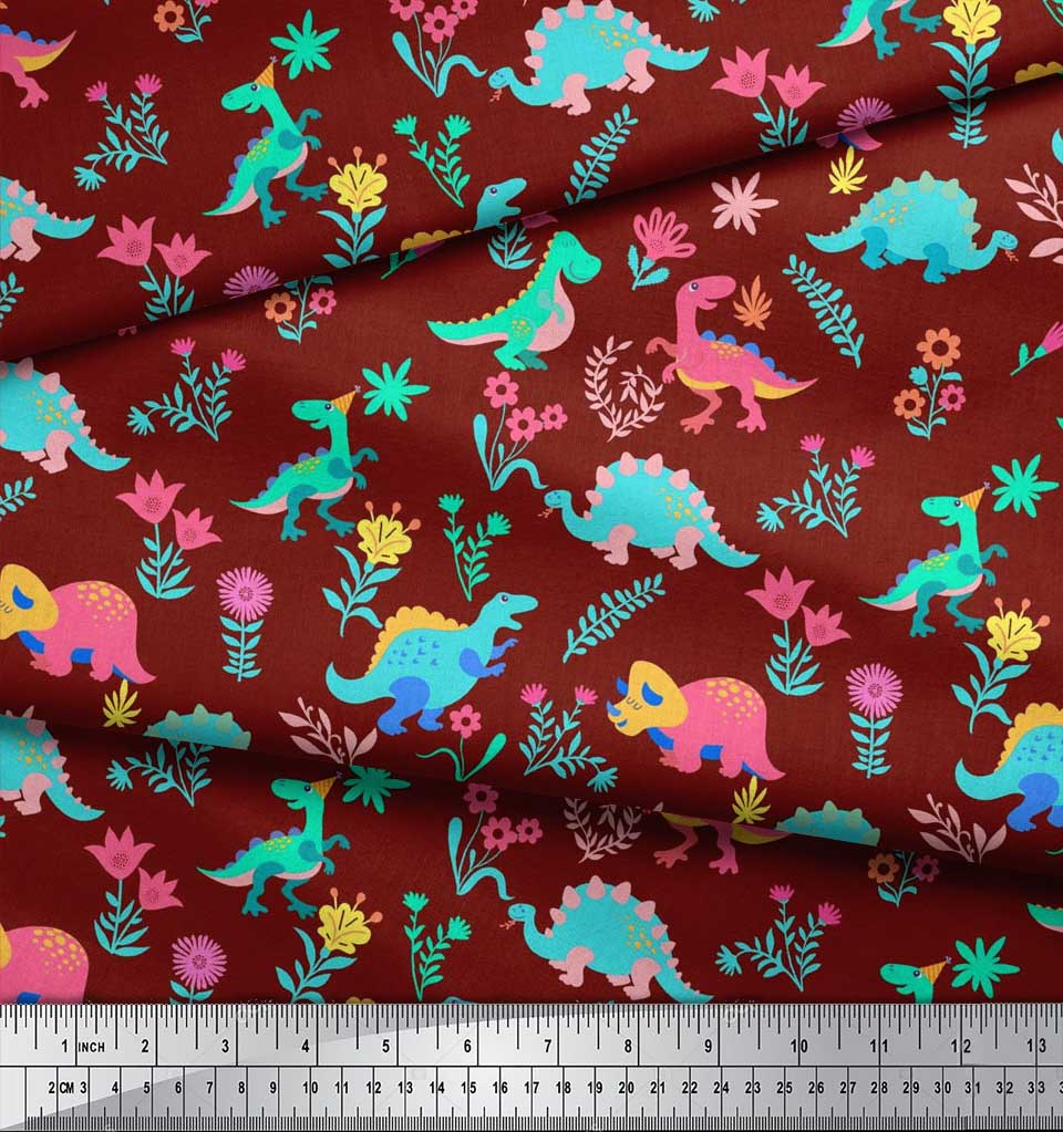 Soimoi Black Japan Crepe Satin Fabric Aster Flower & Dinosaur Kids Print Fabric by Metre 42 Inch