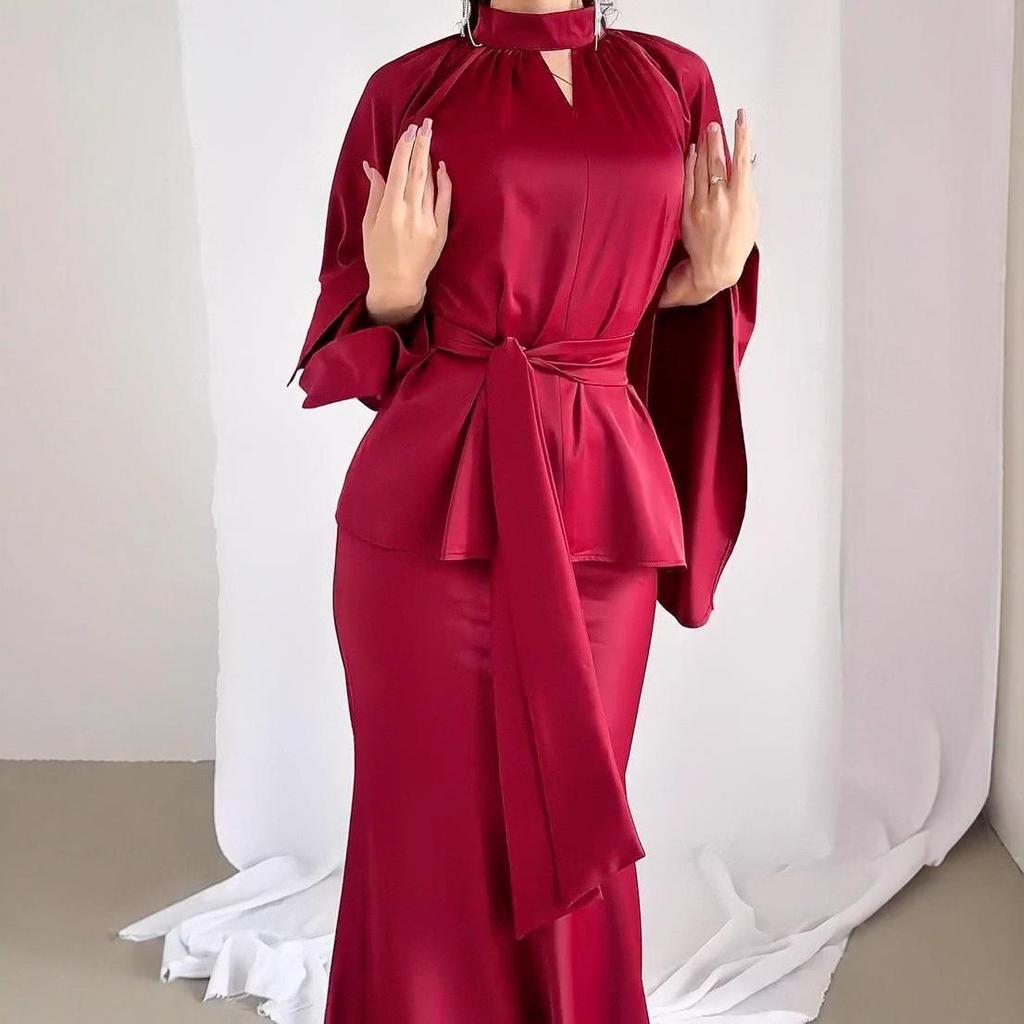 Jesień 2025 Elegancka Damska Sukienka Długa typu Halter z Paskiem w Talii i Długim Rękawem