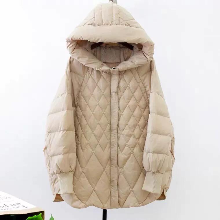Herbst und Winter Damen Daunenjacke Übergröße Kurzer Mantel Locker Warm Lässig Oberbekleidung Top Kapuze Rautenmuster Weiße Entendaunenjacke