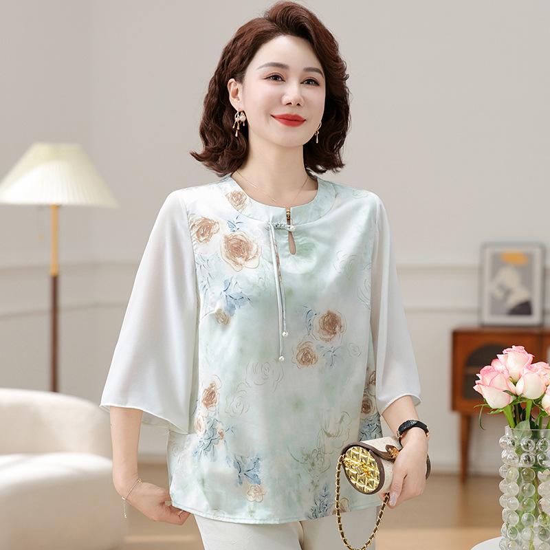 Women's Summer Chiffon Blouse: New Chinese Style, National Influence T-Shirt for Middle-Aged & Elderly with Seven Sleeves.