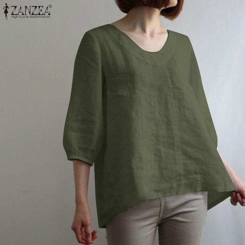 

ZANZEA Женская летняя повседневная свободная хлопковая блузка с круглым вырезом и рукавами 3/4