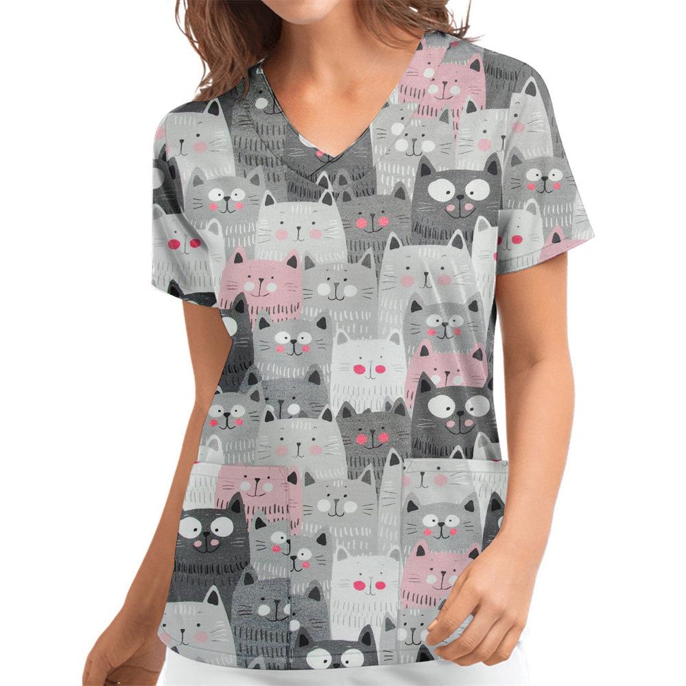 Women's T-shirt V-neck Nurse Uniform Casual and Comfortable Short Sleeved Women's Dreamy Printed T-shirt