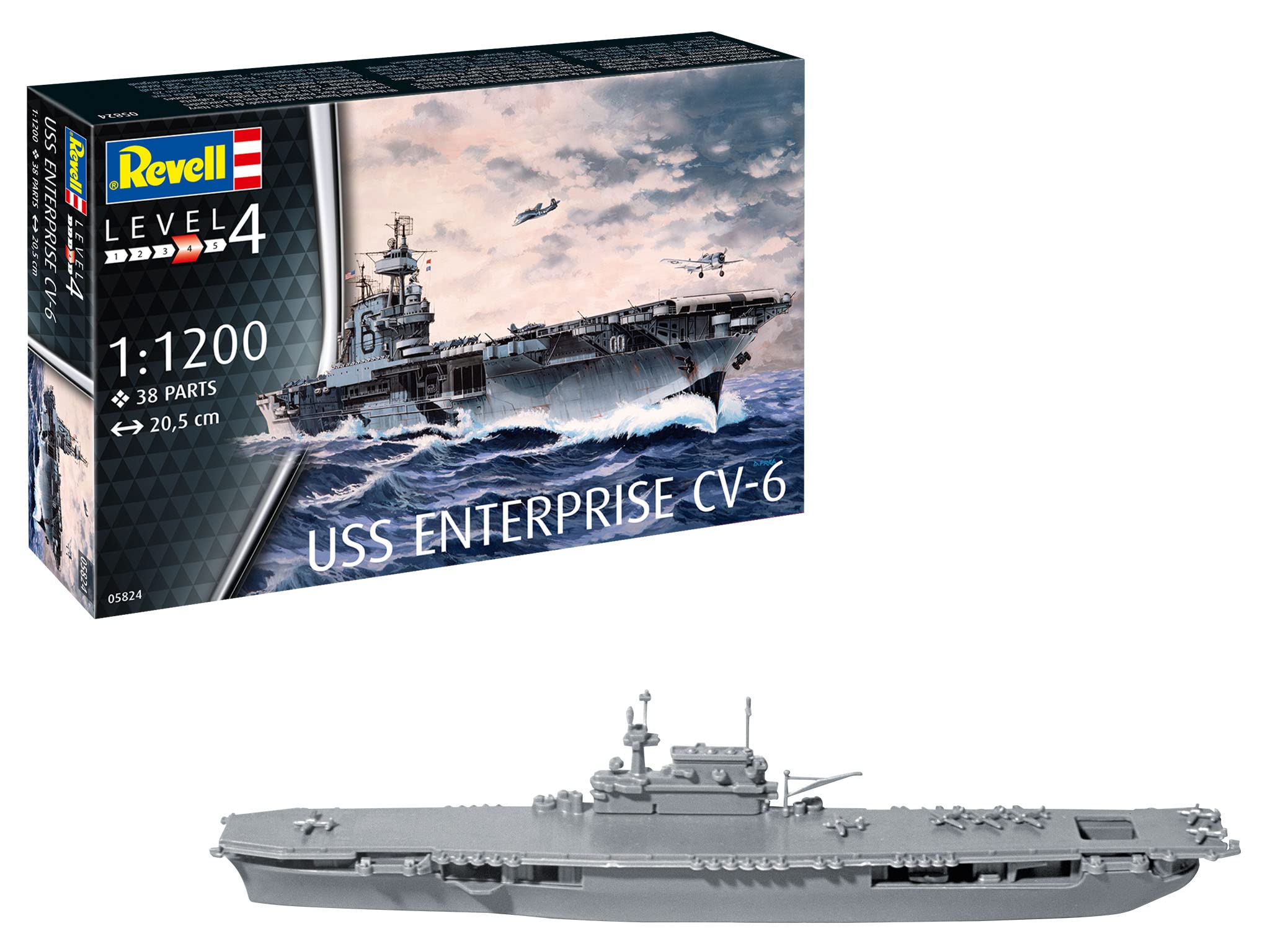 German Revell scale USS Enterprise plastic model model number molded in color 1/1200 CV-6 kit, 05824,