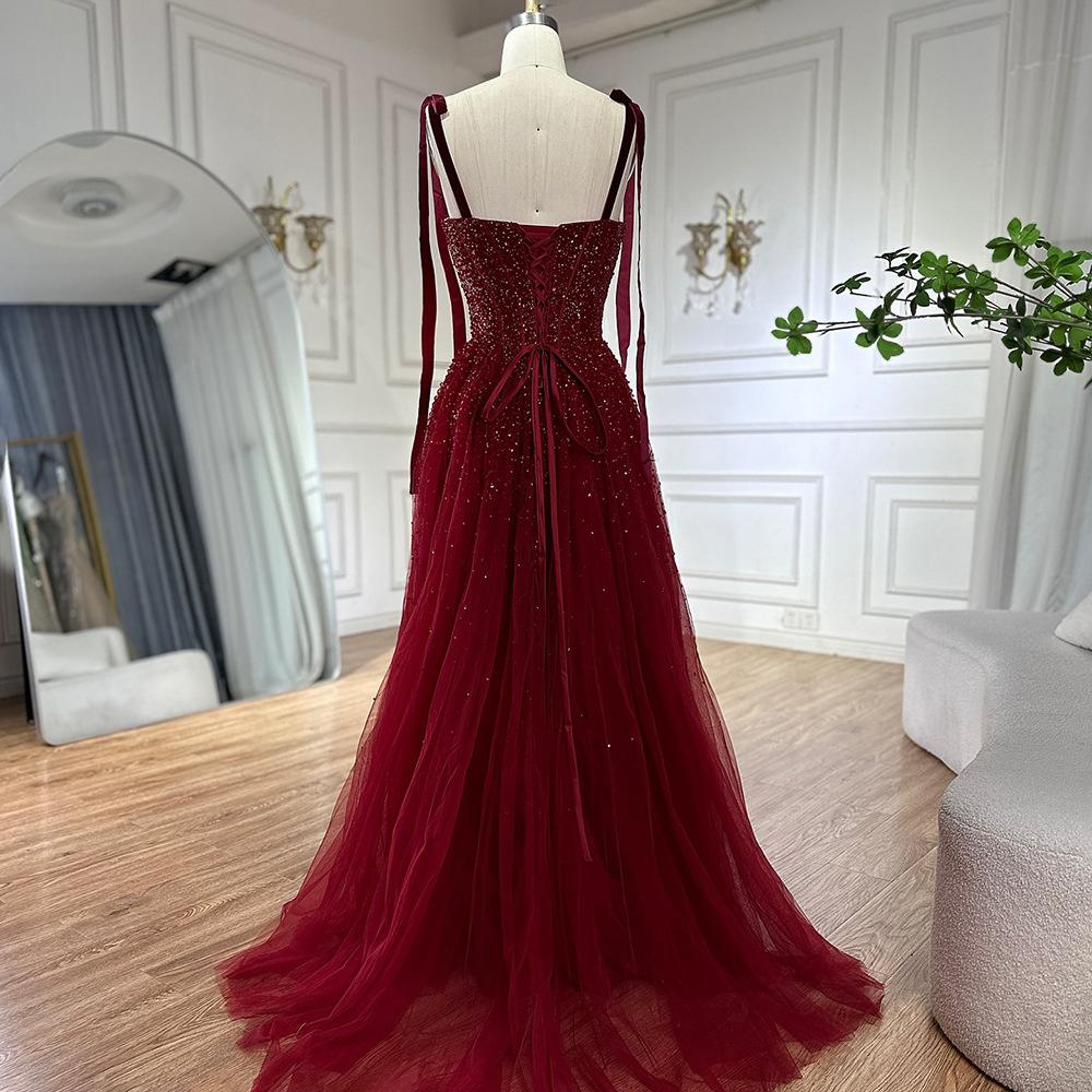 Burgundy suspender A-word bead dress, elegant dinner art exam solo host dress LA10100A