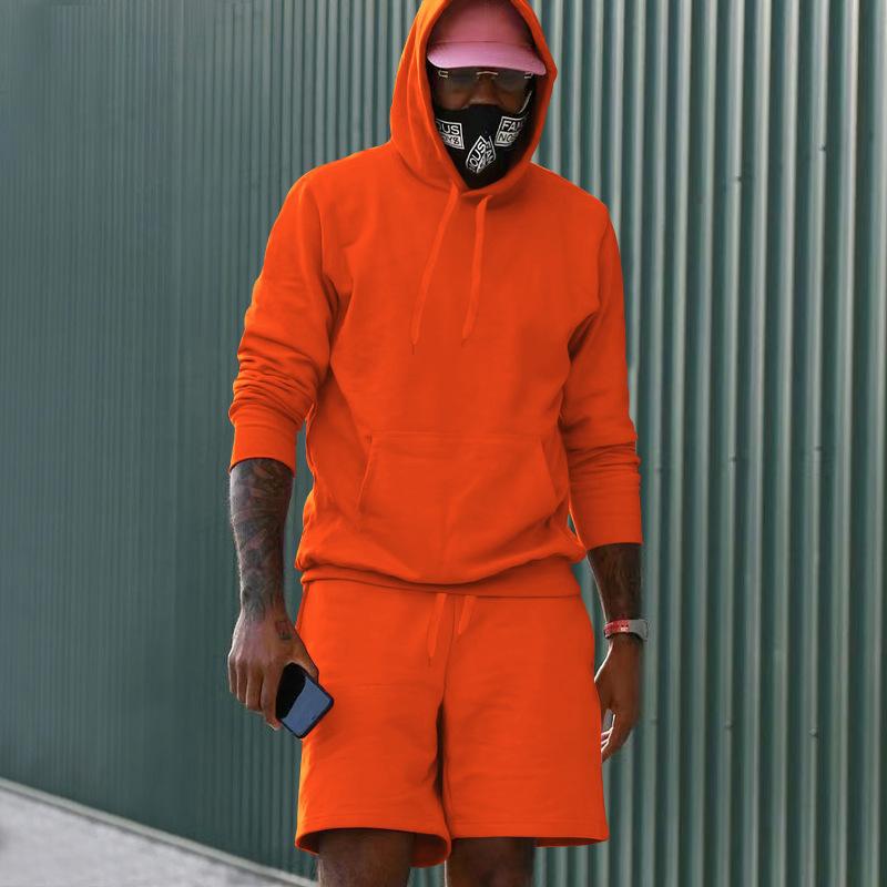 Men's Fleece Hoodie Shorts Two-piece Loose Solid Color Casual Sports Men's Suit