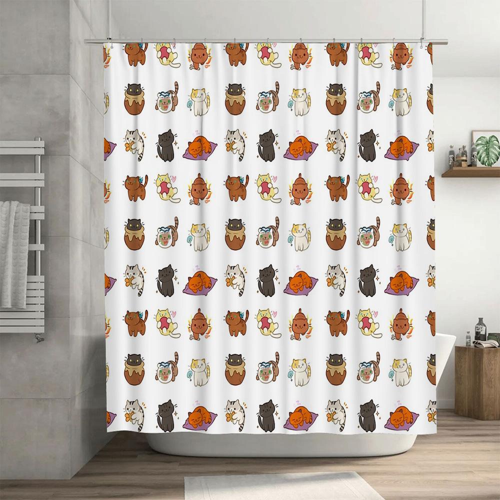 Cute Cat Shower Curtain Waterproof Animal Pattern Bathroom Decor Japanese Style Home Textile Washroom Fabric Hanging
