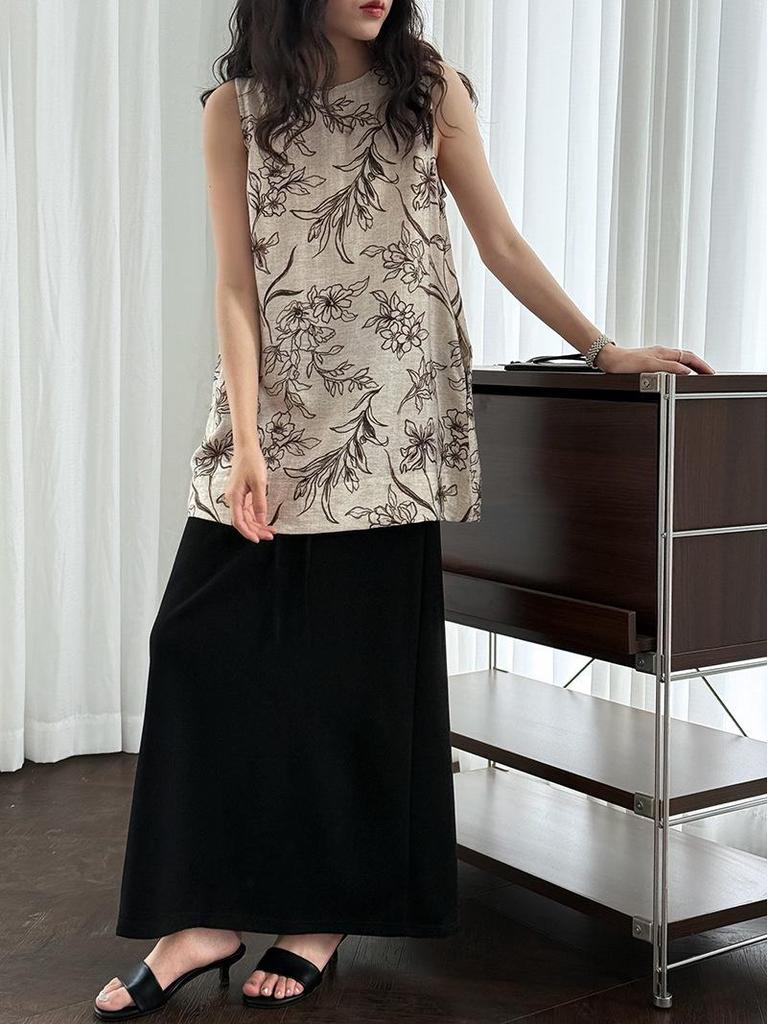 LUXI Korean-Style A-line High Waist Drawstring Maxi Skirt, Summer Casual 2673