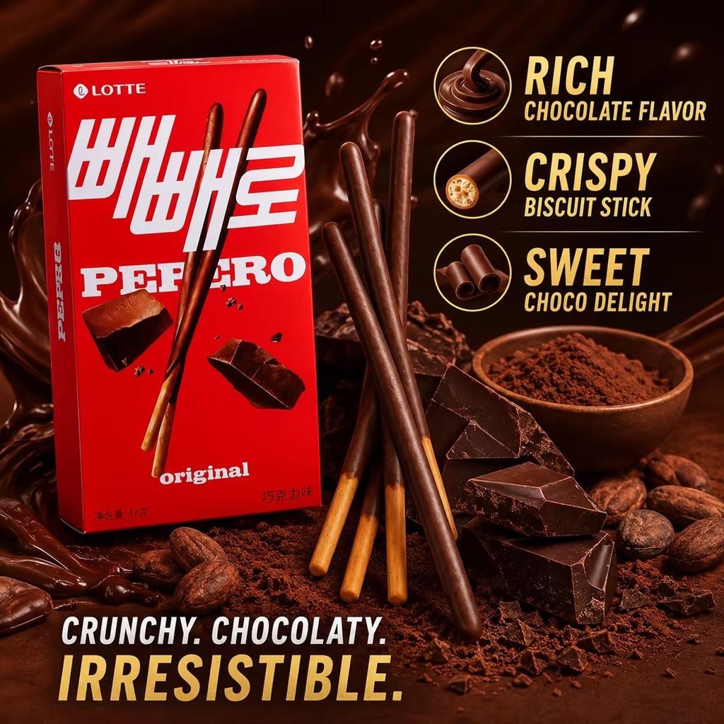 Lotte Pepero Bastoncini di Biscotto al Cioccolato 47g | Bastoncini di biscotto croccanti ricoperti da cioccolato liscio, gusto ricco di cioccolato