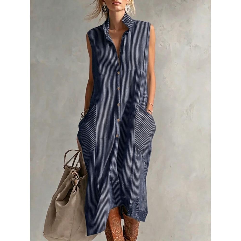 Women s Turn Down Collar Sleeveless Shirt Dress Loose Fit Mid Waist Casual Striped Dress S темно-синий