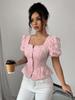 Mode d'été pour femme Chemise élégante décontractée Col rond Manches bouffantes Manches courtes Haut doux