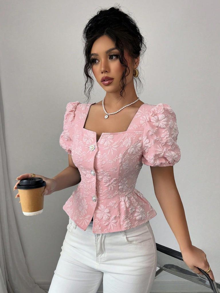 Mode d'été pour femme Chemise élégante décontractée Col rond Manches bouffantes Manches courtes Haut doux