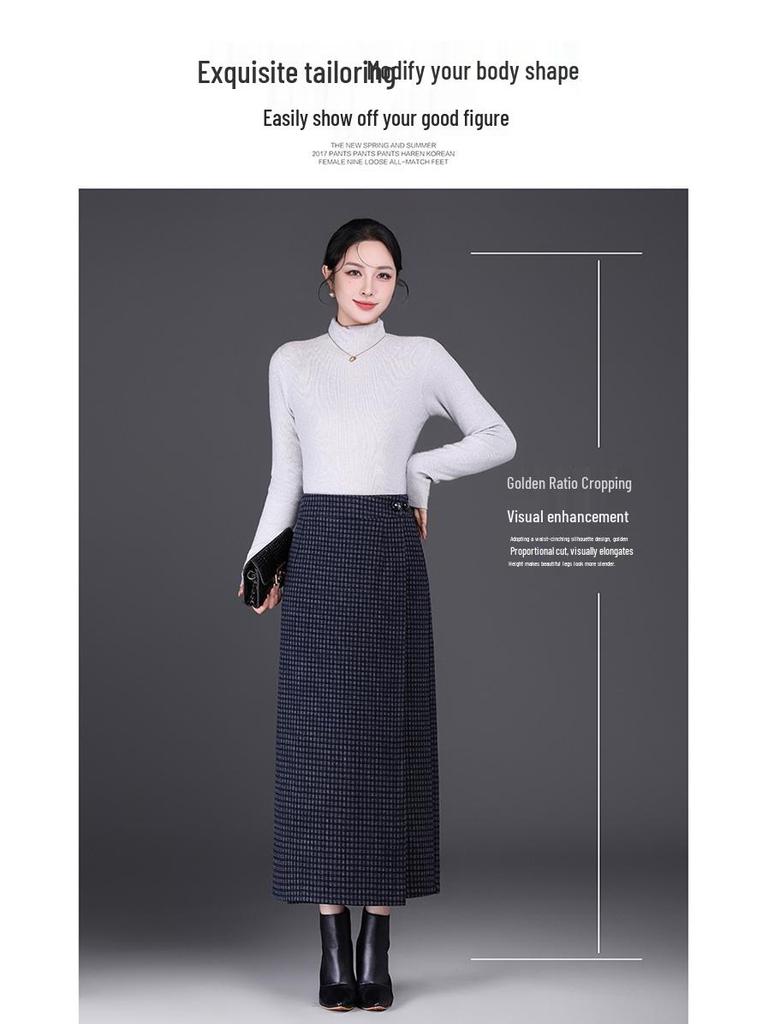 Plaid Woolen High-Waisted Pencil Skirt: Winter 2025 Korean Style, Thickened and Warm with Slit