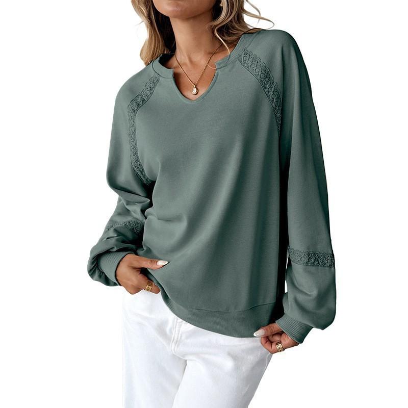 Women's Lace Patchwork V-Neck Long Sleeve Pullover Sweatshirt Casual Solid Color Tops