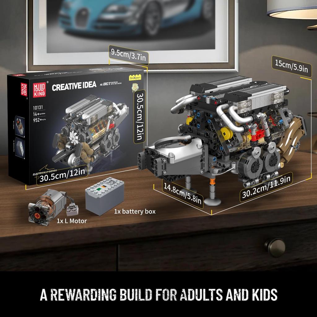 Mould King 10131 MOC Technic (W16) Two Closely Spaced V8 Engines, Building Block Kit with Motor and Box, 4 Turbochargers (952+)