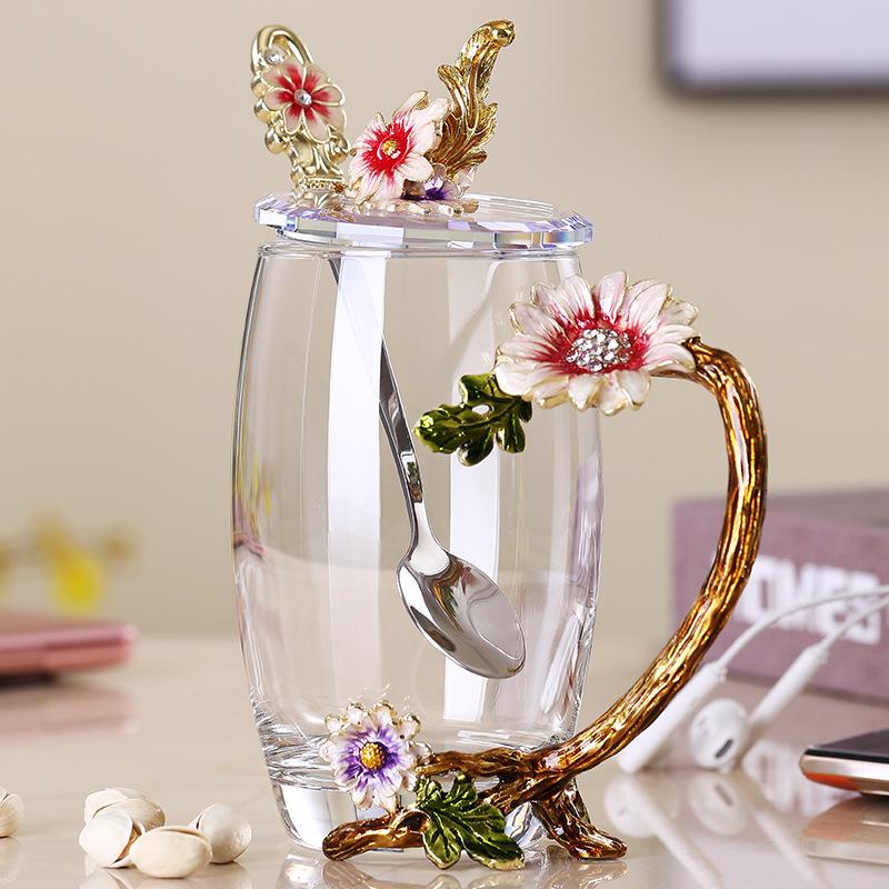Paris March Enamel Flower Tea Cup - High-Temp Resistant Crystal Glass Gift for Teacher's Day or Girlfriend