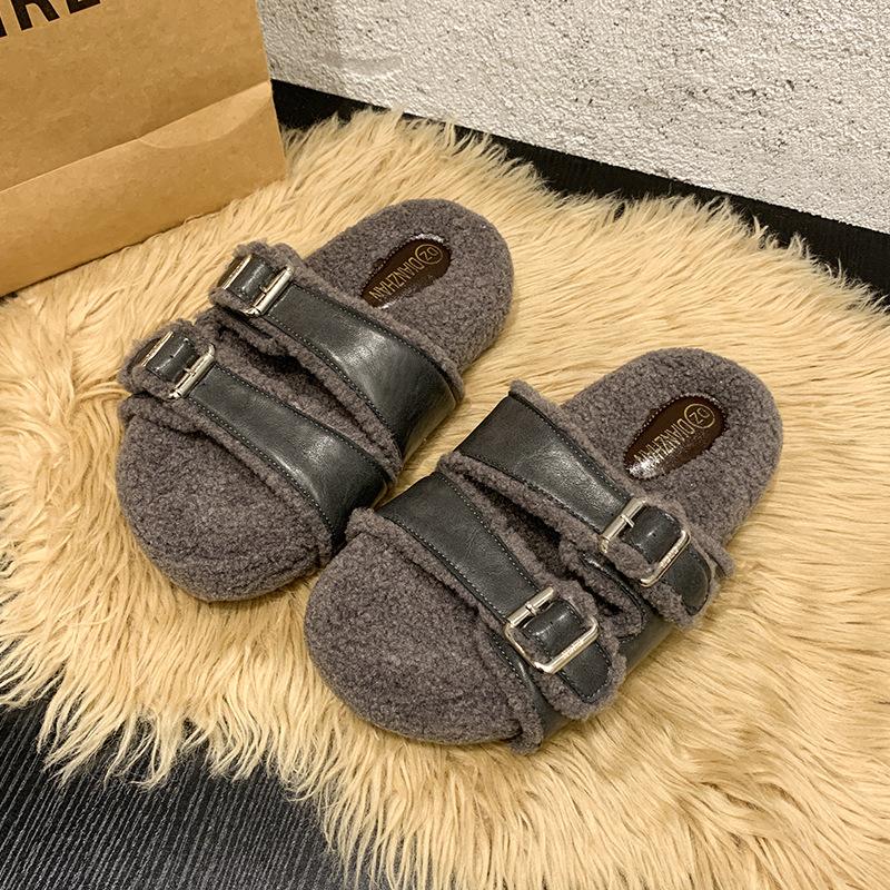 Platform-soled Boken shoes 2025 autumn and winter new Korean version of one-word fluffy slippers women wear flat-soled Boken velvet cotton shoes