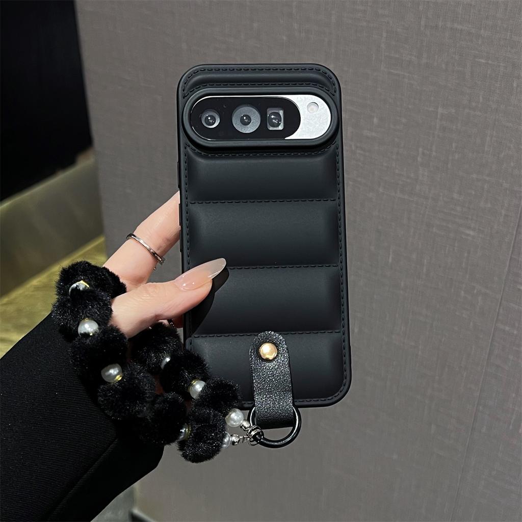Down Jacket Pearl Hairball Wrist Strap Phone Case for Google Pixel 10 Pro XL 9 9A 8 7 7A 6 6A 5A 5 Protective Soft TPU Cover