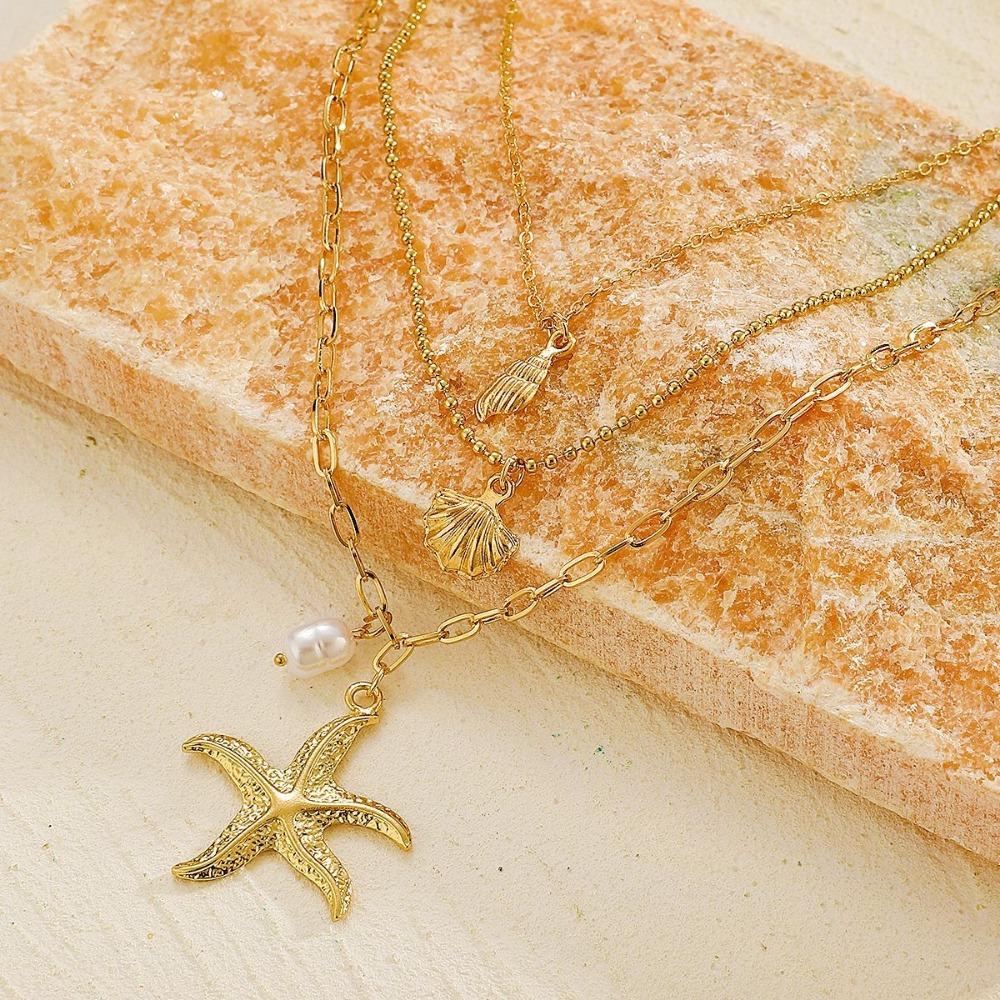 Starfish Conch Shell Pearl Pendant Necklace 3-in-1 Choker Chain Jewelry Gift