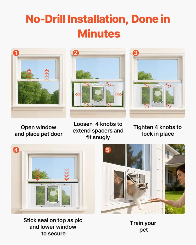 Cat Door for Window, Adjustable To Fit Window Width 686-813 Mm, 4 Secure Lock Modes, Aluminum Frame and High-Transparency Glass, Magnetic Closure,