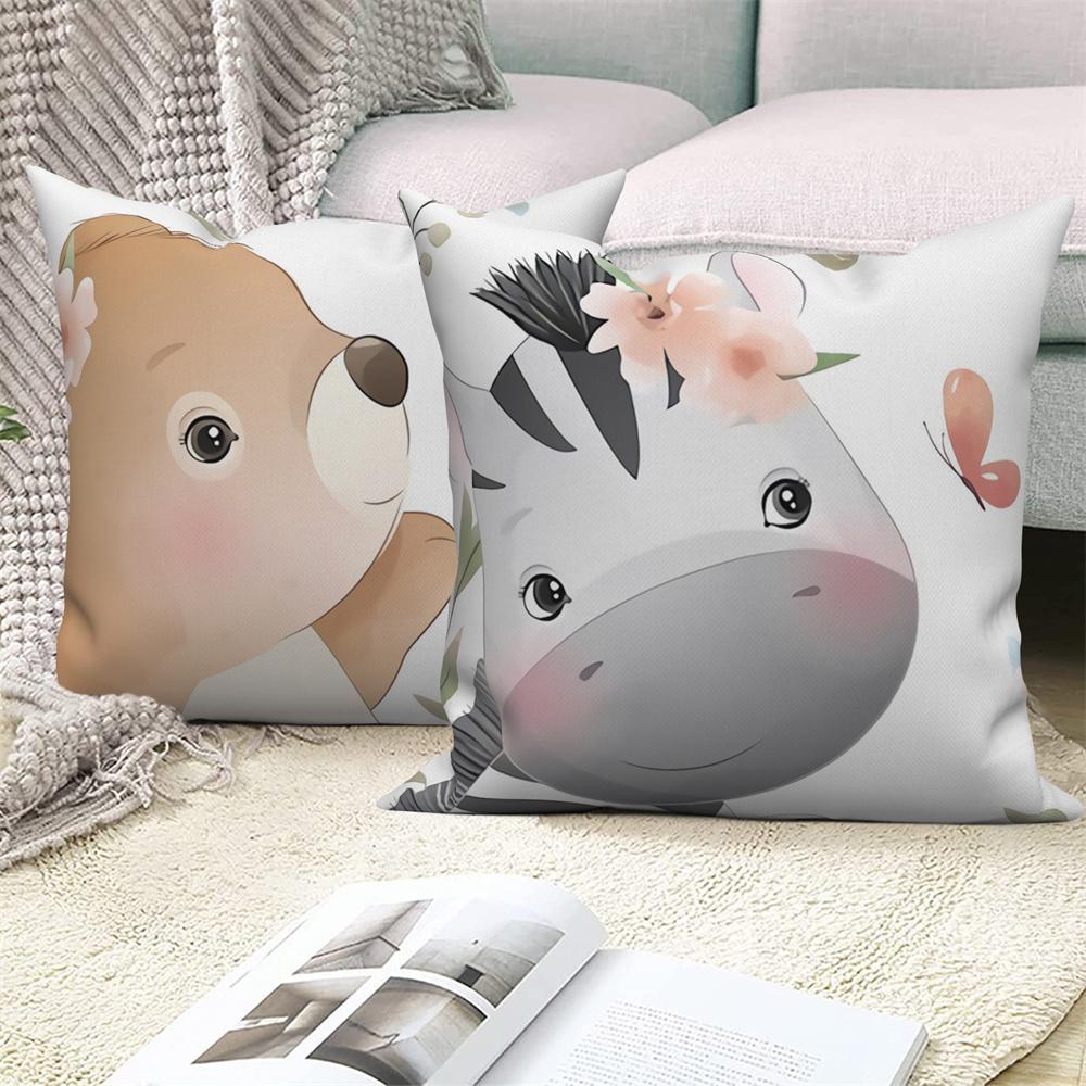 Juste De Coussin Blanche Avec Imprimé Animal De Dessin Animé Mignon, Taie D'oreiller Décorative Pour Canapé
