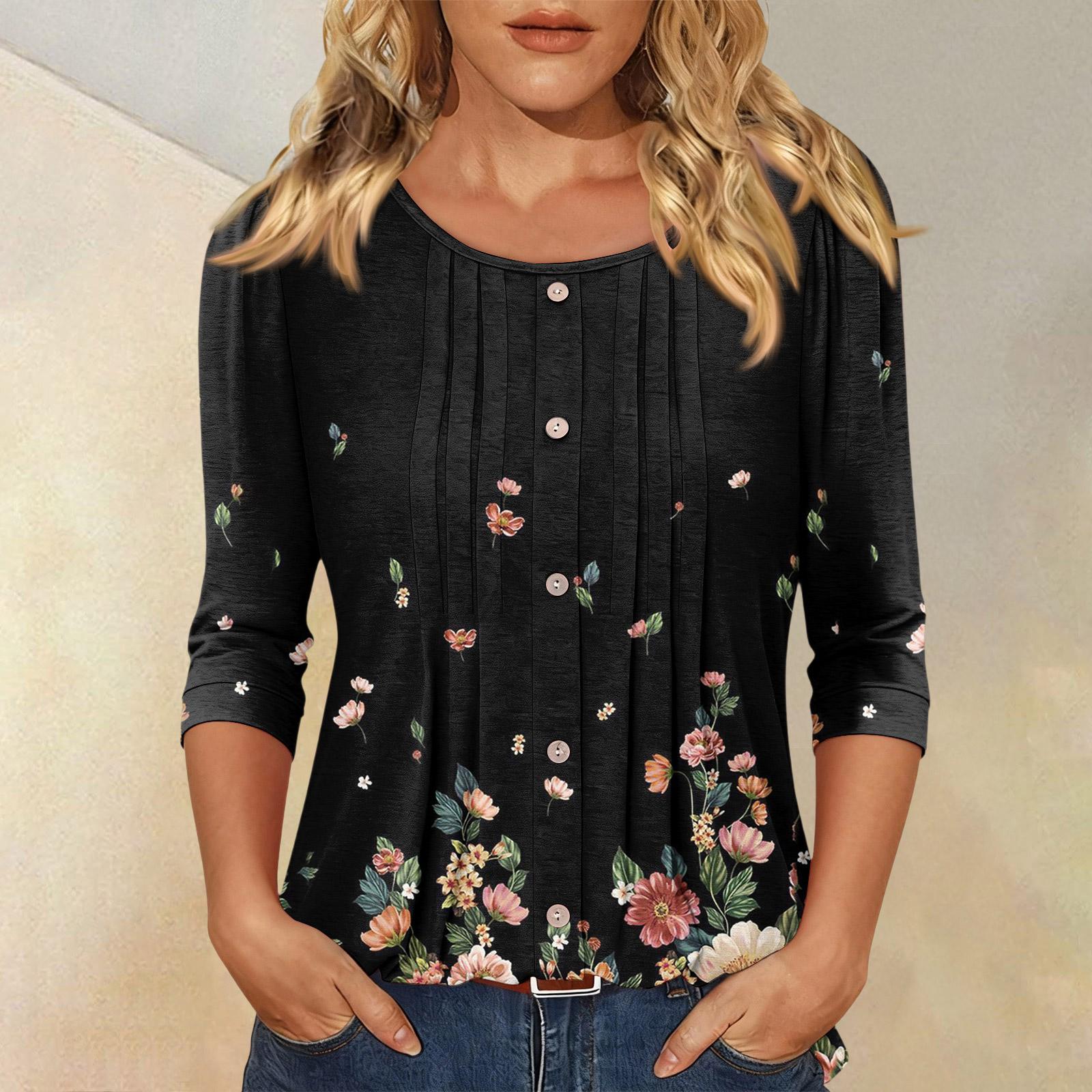 Women s Fashionable Casual Three-quarter Sleeve Button-down Floral Print Round Neck Top L