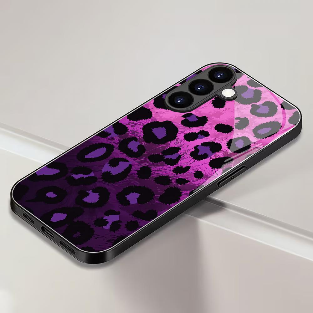 Purple Leopard Print Tempered Glass Phone Case Suitable for Samsung Galaxy S26 S25 S24 S22 S21 S20 FE/Ultra/Plus Shockproof
