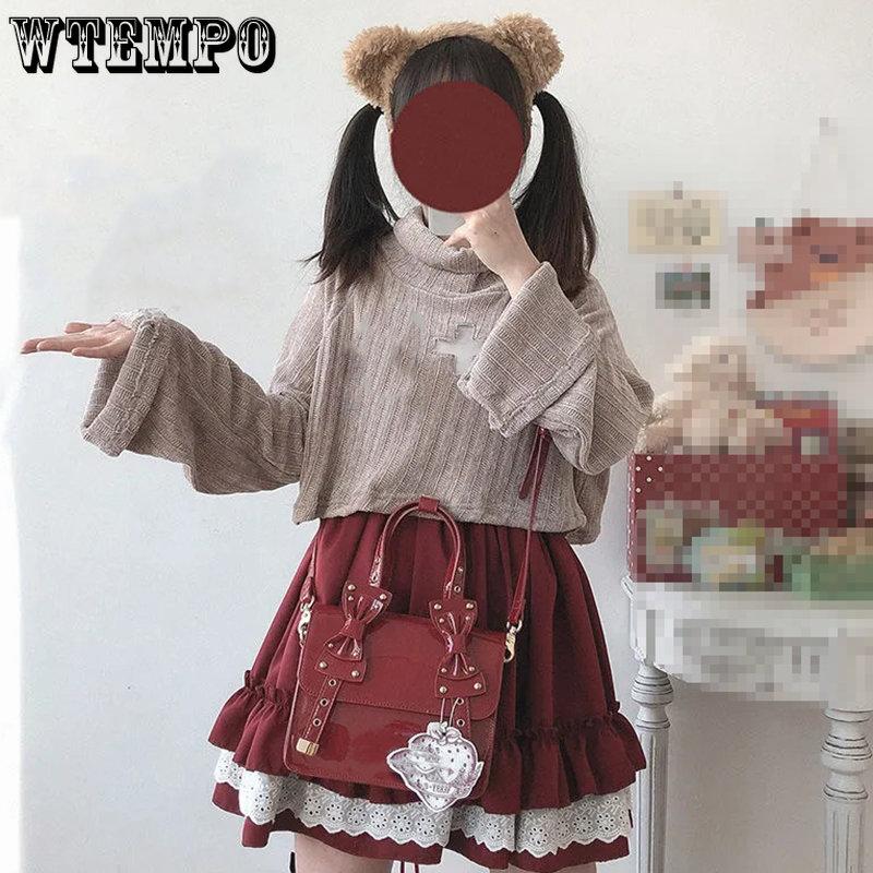 WTEMPO Fuste Lolita din dantelă Kawaii Femei Harajuku Vintage Volane Patchwork cu talie elastică Mini-fuste Moale Fată japonez Streetwear