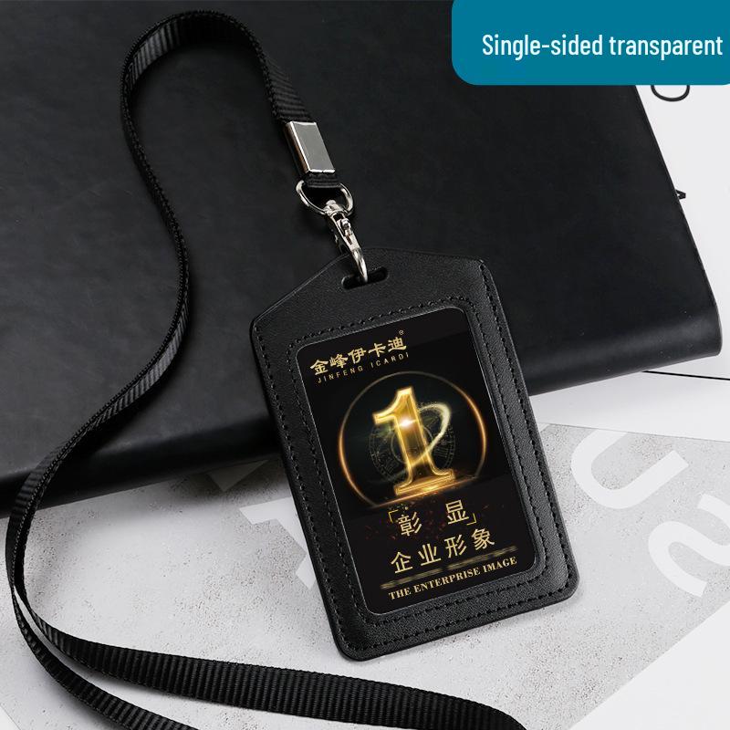 Genuine Leather Double-Sided ID Card Holder with Transparent Windows and Lanyard
