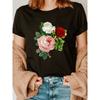 European Sizes Women's White Roses Floral Print T-Shirt - Short Sleeve Crew Neck Casual Top with Red & Pink Blooms, Lightweight Breathable Fabric
