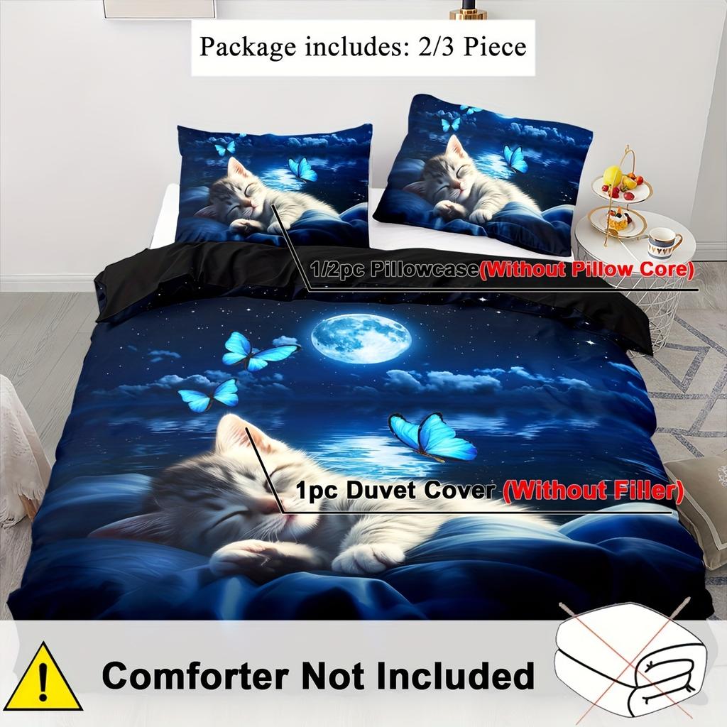 Animal Print Polyester Duvet Cover Set With Zipper Closure - Breathable, All-Season Digital Printed Cat And Butterfly Theme