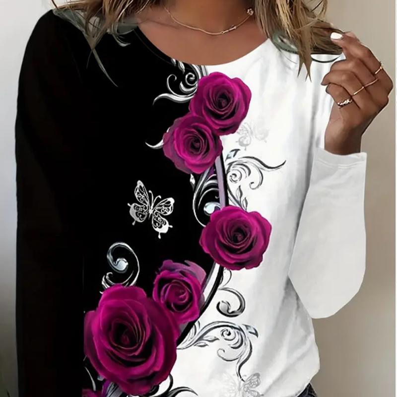 Bluzki damskie T-shirt z długim rękawem z okrągłym dekoltem i kwiatowym nadrukiem 3D róży Jesienny casualowy dopasowany sweter Damska bluzka z długim rękawem