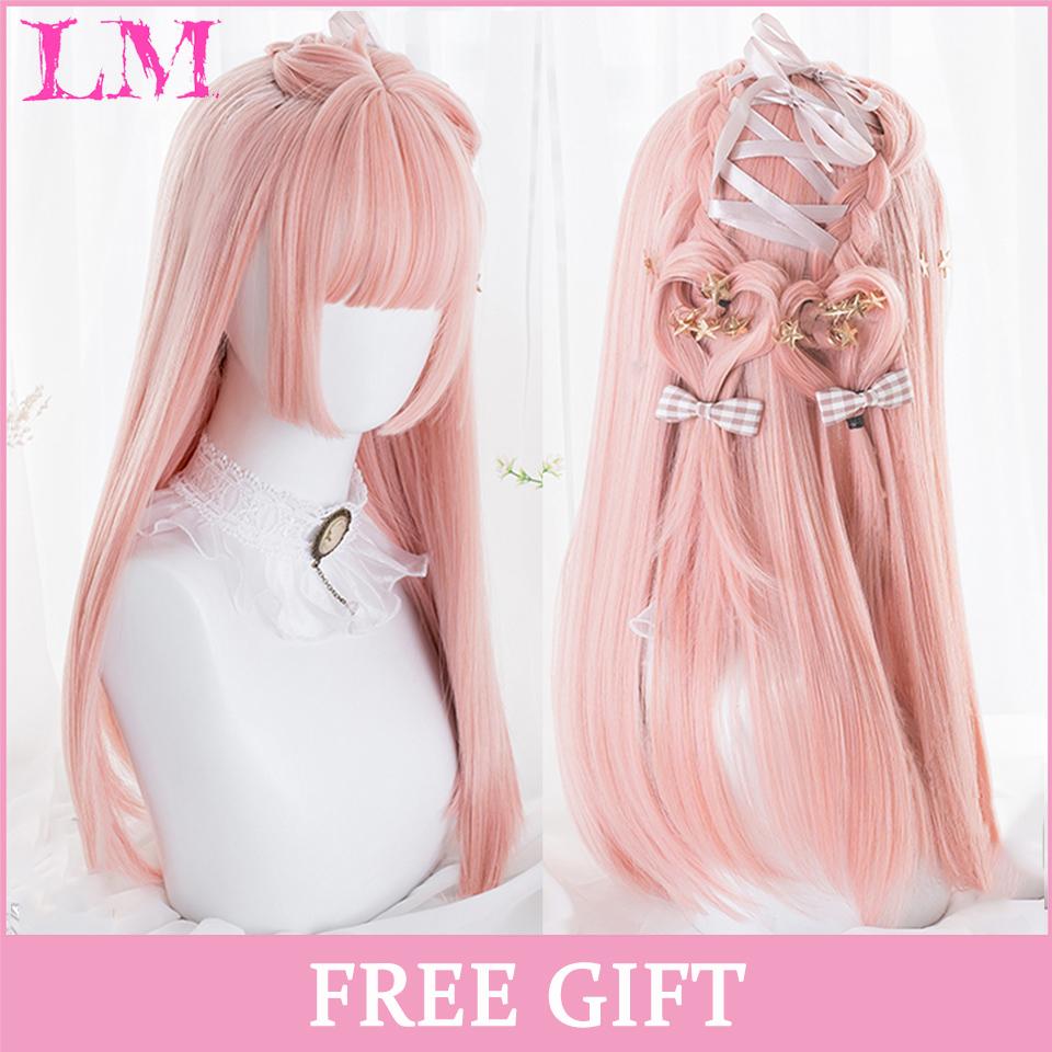 LM Cosplay-Perücke mit Pony, synthetisches glattes Haar, 61 cm lang, hitzebeständig, rosa Perücke für Frauen