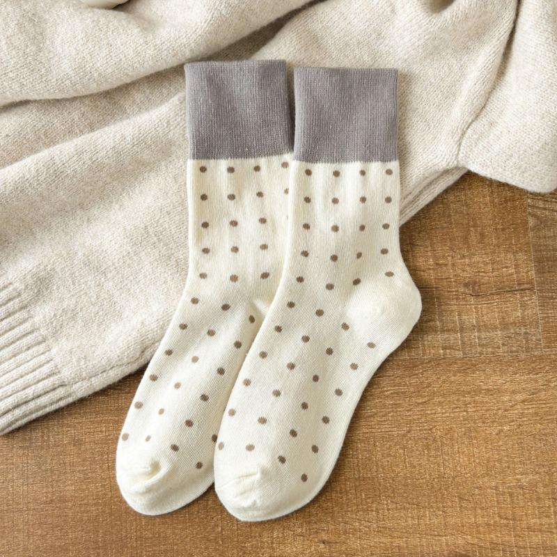 Mid-calf Socks for Women, Spring and Autumn Color-blocking Pile Socks, Retro Polka Dot School Style Cotton Socks for Women