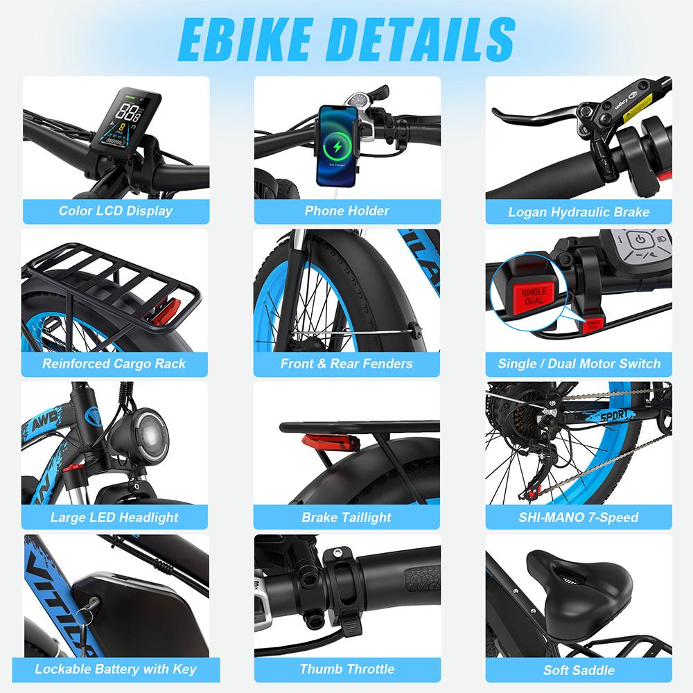 Elektrofahrrad für Erwachsene Vitilan H5 1000W x2 Motor LCD-Display 52V 25AH Shimano 7-Gang All-Terrain E-Bike Maximale Zuladung 150kg Blau