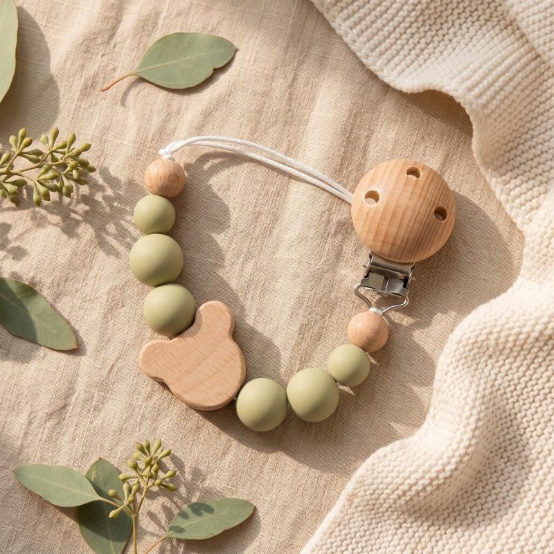 Personalized Wooden Pacifier Clip BPA Free Silicone Beads Dummy Chain Baby Teether Holder Custom Name Soother Gift