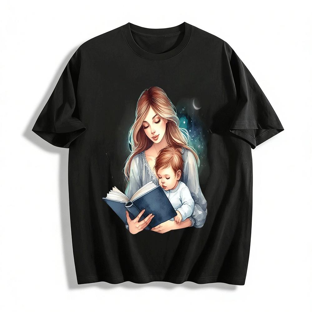 Warm Mother Child Reading Print Casual Top Pure cotton T-shirt XXS