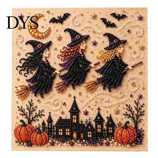 Fall Holiday Decoration Halloween Faux Pearl Art DIY Kit, 3D Bead Embroidery Craft Set, Spooky Painting Kit Ghost Goat Witch Wall Art, Seasonal